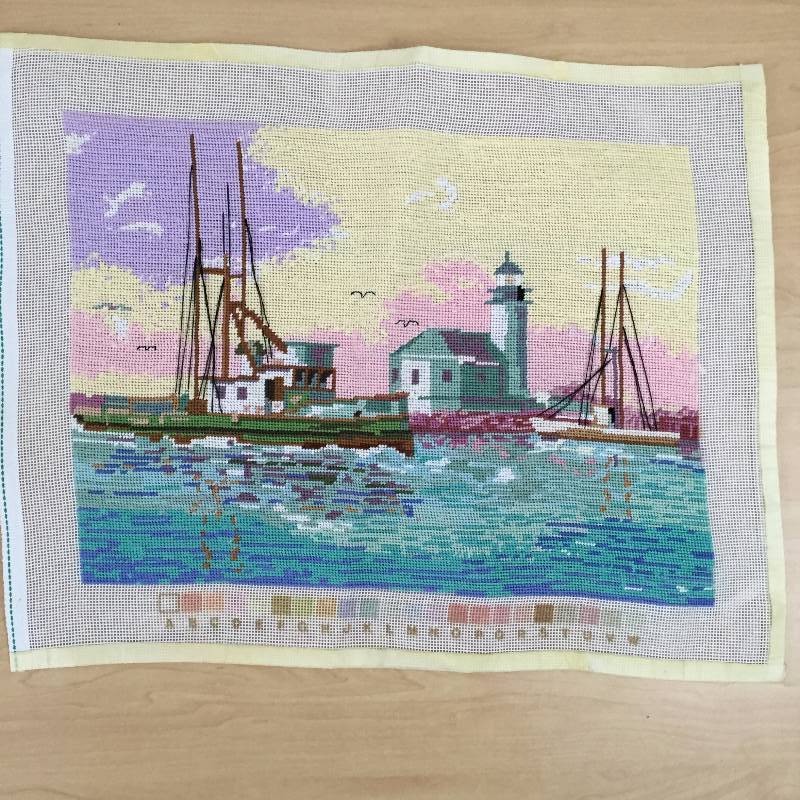 lot 76 image: Refined Beauty Completed Floral & Ships Lighthouse Harbor Needlepoint Lot #2 for Pillows or Wall Decor