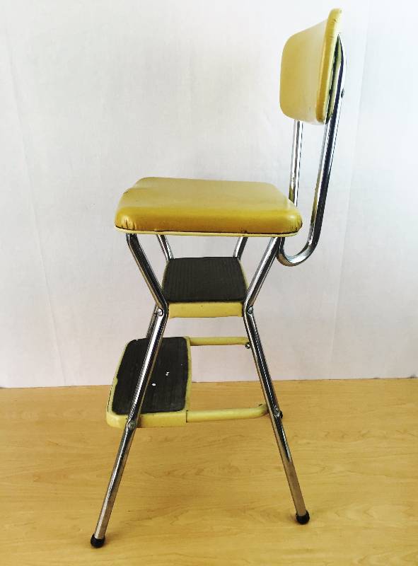lot 87 image: SUPER RETRO COOL VINTAGE OLD COSCO MID CENTURY MODERN YELLOW MUSTARD CHROME METAL VINYL KITCHEN FLIP TOP STEP STOOL CHAIR Industrial