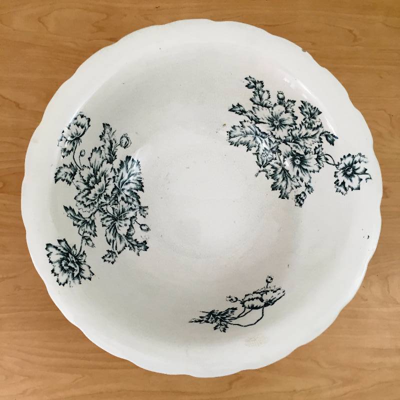 lot 91 image: Antique Warranted White & Blue Floral Wash Basin Lion and Unicorn Symbol Sydney White Ironstone Flowers Embossed