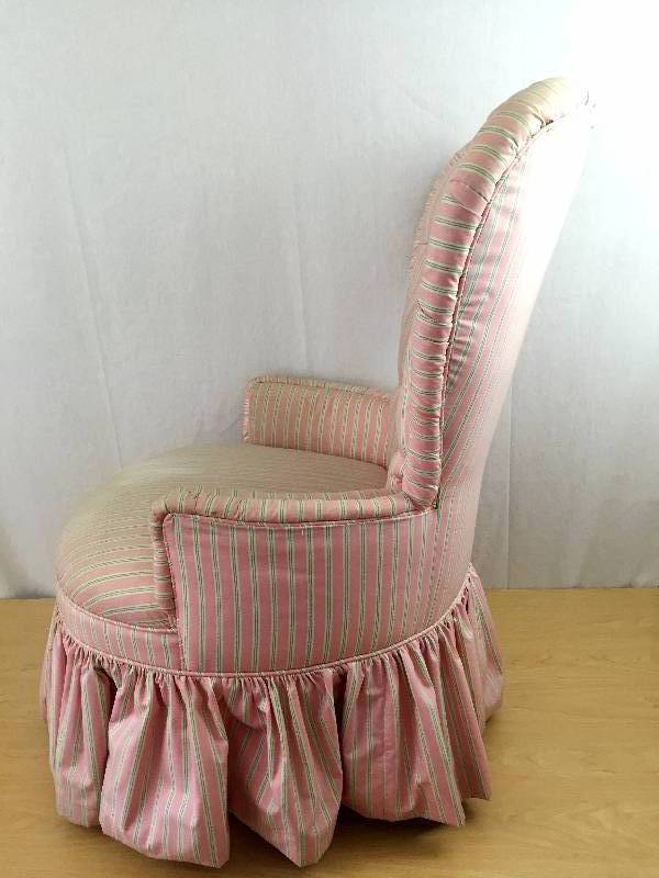 lot 95 image: Vintage Valentine Heart Shaped Candy Pink Stripe Tufted Boudoir Chair....Sweet