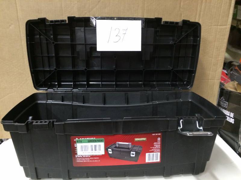 lot 137 image: Husky 24 in. Tool Box, Black missing 1 latch