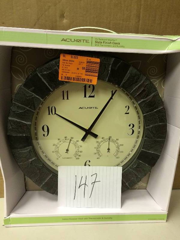 lot 147 image: AcuRite 14 in. Faux Slate Wall Clock with Analog Thermometer and Hygrometer New