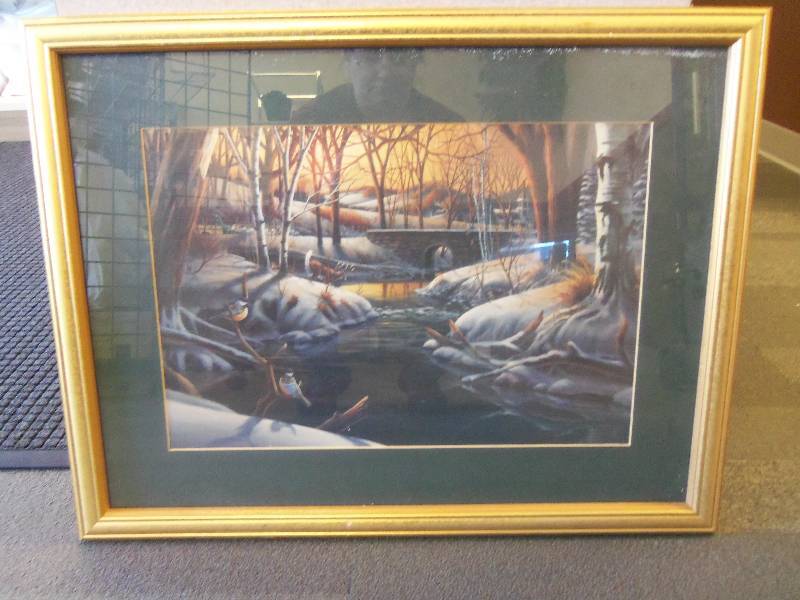 Winter River With Deer Framed and Matted Print