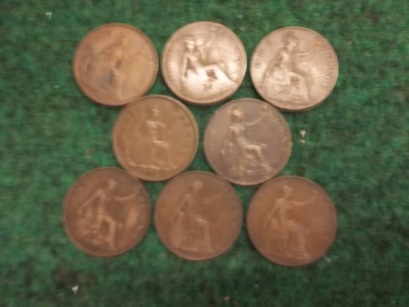 8-British Large Pennies 1903-1938