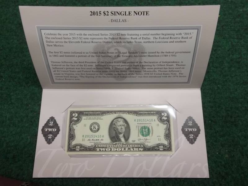 2015 US $2 Single Bill Note With Serial Number First 4 Numbers 2015