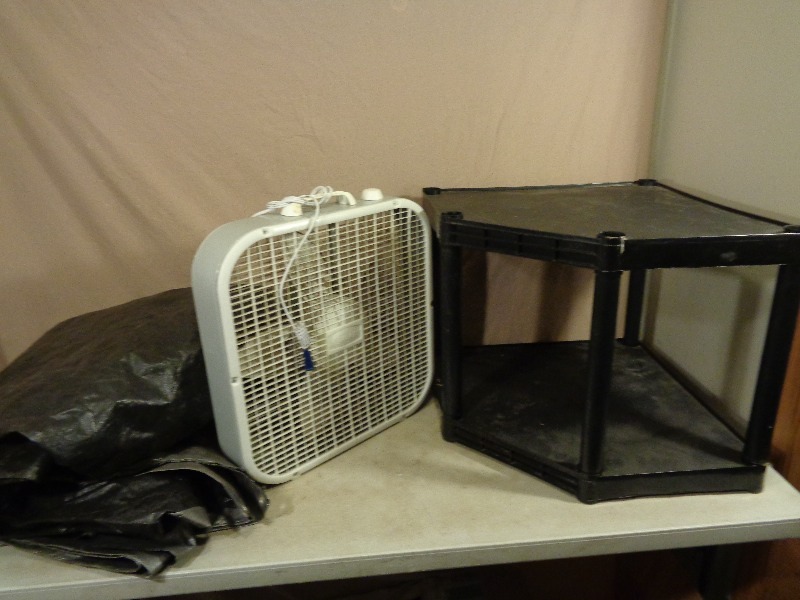 Corner Shelf, Tarp Piece, and Fan