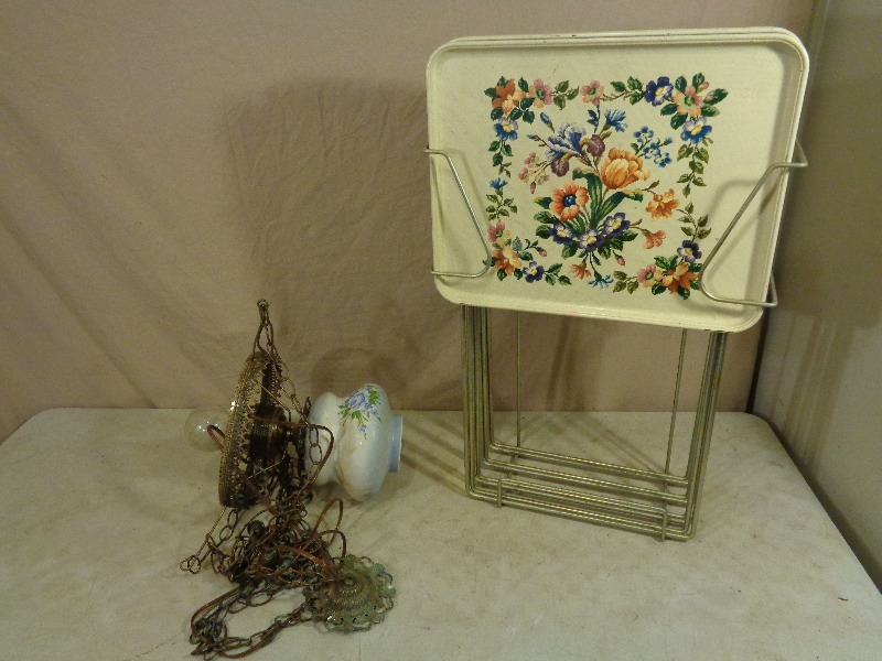 Vintage Hanging Lamp and Metal TV Tray Set