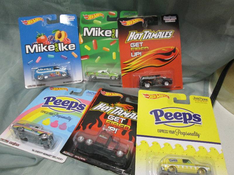 6 Hot Wheels Cars- Peeps, Hot Tamal...