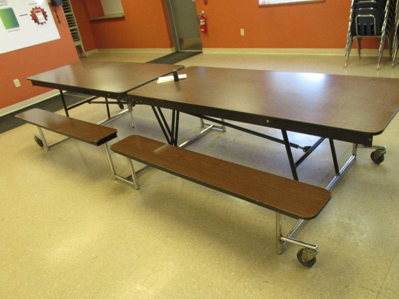 Folding cafeteria table on wheels, ...