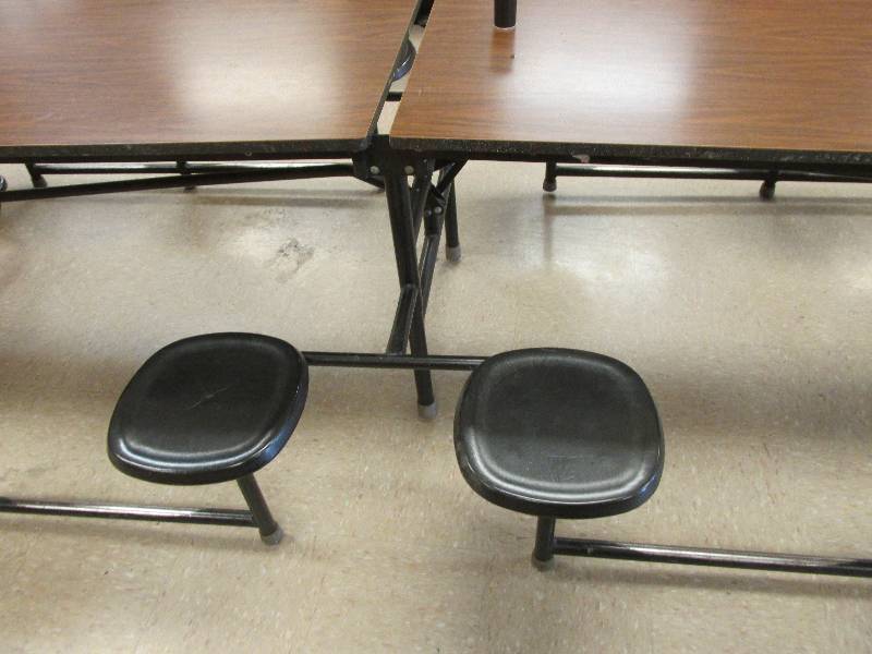Folding cafeteria table on wheels, ...