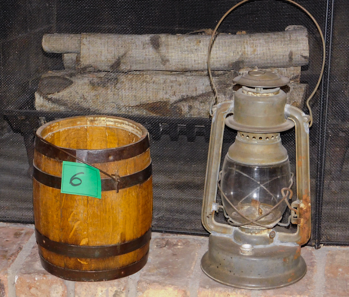 lot 6 image: Antique wooden keg from Norway and vintage lantern