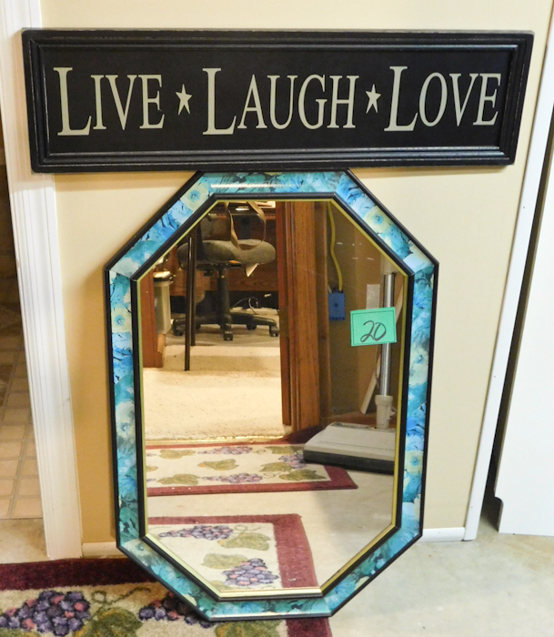 lot 20 image: Decor items Mirror and Sign Live  Laugh  Love
