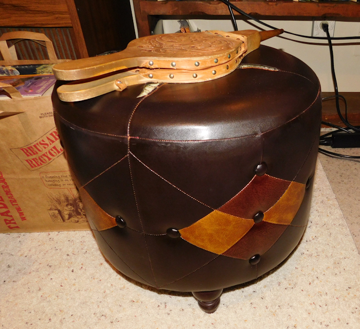 lot 36 image: uniques 70s diamond ottoman needs some TLC and a Norwegian bellows